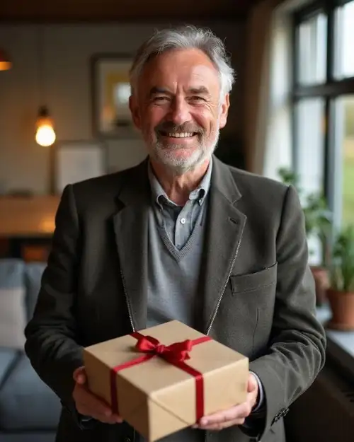 Man die blij een cadeaupakket ontvangt